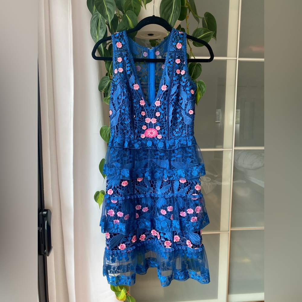 Marchesa Notte Floral Tiered Lace Dress